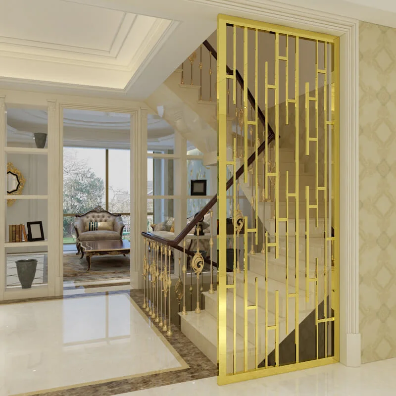Vách Ngăn Cầu Thang Bằng Inox Mạ Vàng 3 vách ngăn cầu thang phong thủy bằng inox mạ vàng