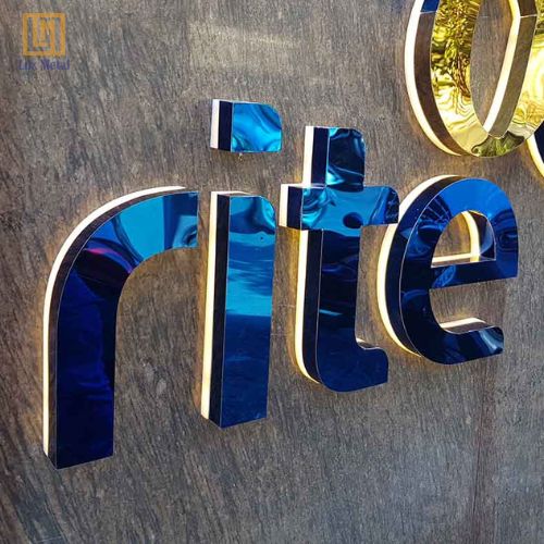 Tấm Inox Gương Xanh Dương Chữ nổi trang trí làm từ inox xanh dương gương