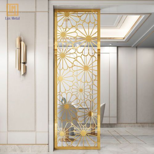 Tấm Inox Vàng Xước Vách ngăn inox vàng xước được gia công CNC hoa văn tinh xảo